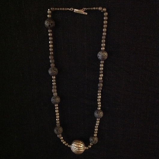 African Sterling Bead Pyrite Lava Rock Necklace