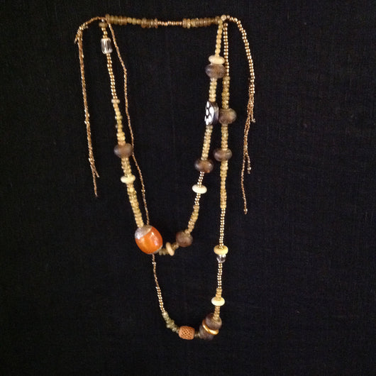 African Trade Beads Amber Spotted Bone Lariat Necklace