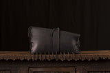 Large Black Clutch Thick Leather Belted Fringed