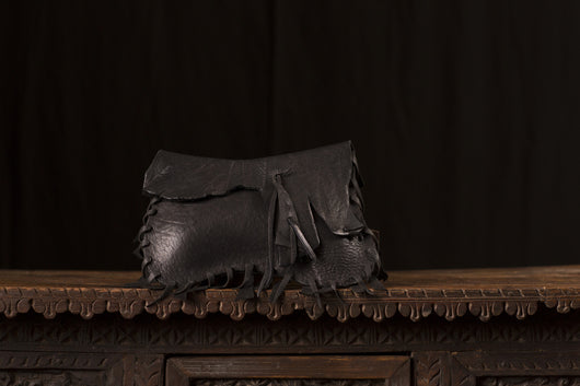Large Black Clutch Thick Leather Fringed