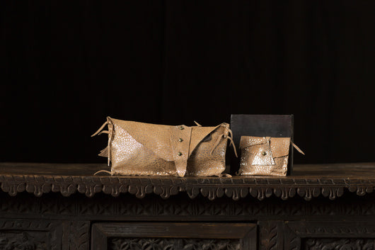 Tan Metallic Leather Clutch Studded